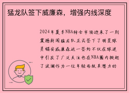 猛龙队签下威廉森，增强内线深度